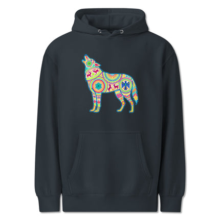 Huichol wolf pattern pullover hoodie featuring vibrant Mexican folk art graphic print.