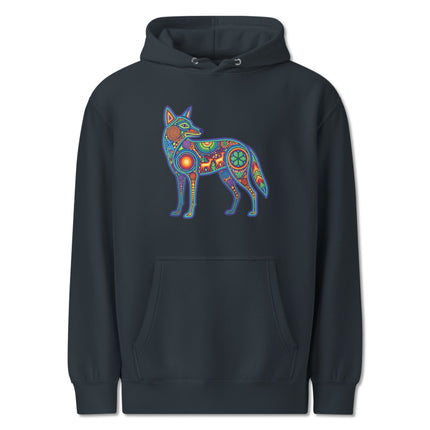 Colorful Huichol coyote hoodie featuring vibrant indigenous Mexican folk art design.