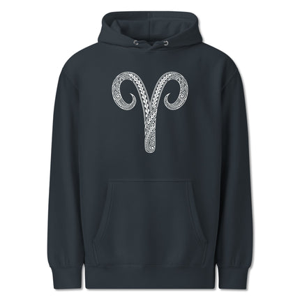 Tribal Polynesian Aries zodiac symbol pullover hoodie featuring astrology print.
