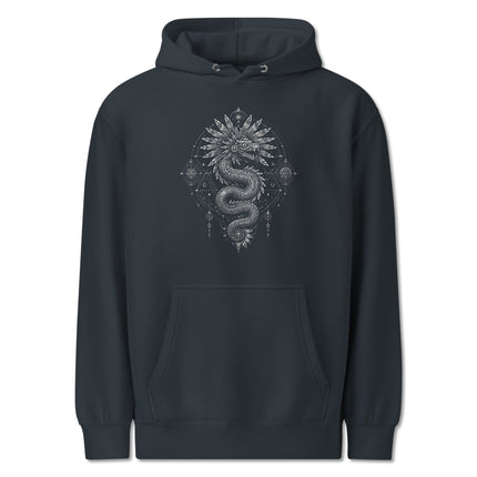 Quetzalcoatl feathered serpent occult mandala graphic print on a black hoodie.