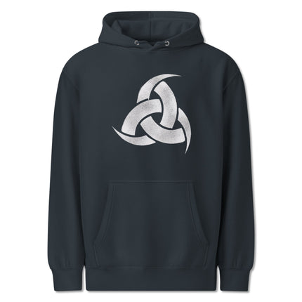 Odin's triple horn graphic on a black Norse mythology style pullover hoodie.