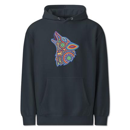 Vibrant Huichol folk art hoodie featuring howling wolves and traditional Mexican cultural designs.