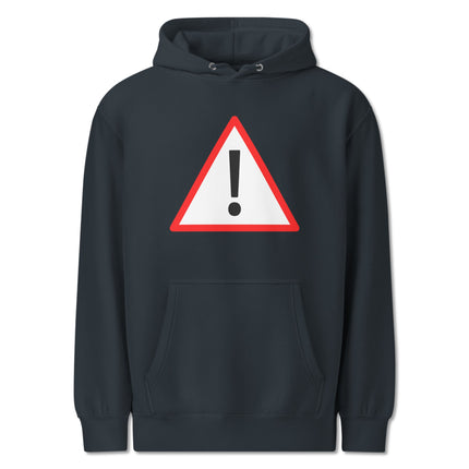 Red triangle hazard exclamation mark graphic on black pullover warning sign hoodie.