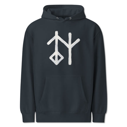 Norse Mythology Wisdom Bind rune symbol printed on a black pullover hoodie.