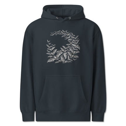 Gothic bat swarm circle graphic on black unisex pullover hoodie.