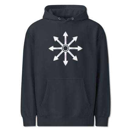 Black pullover hoodie featuring the occult chaos star and eight-pointed magic symbol graphic design.
