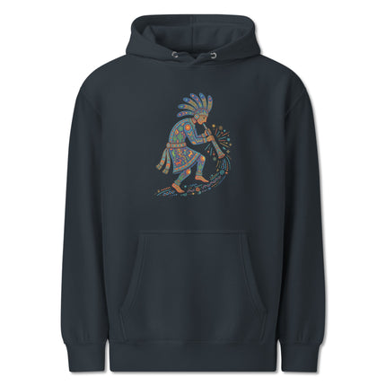 Vibrant Kokopelli flute player artwork on a colorful Southwestern pullover hoodie design.
