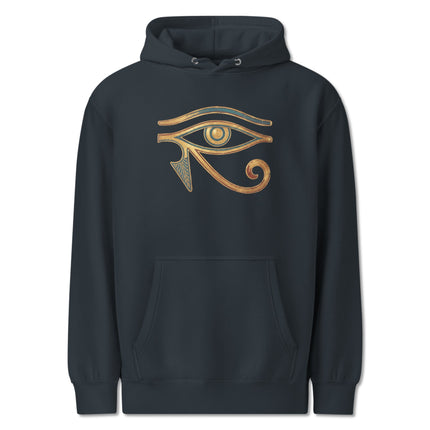 Gold and blue Eye of Horus symbol pullover hoodie featuring ancient Egyptian Wadjet design print.