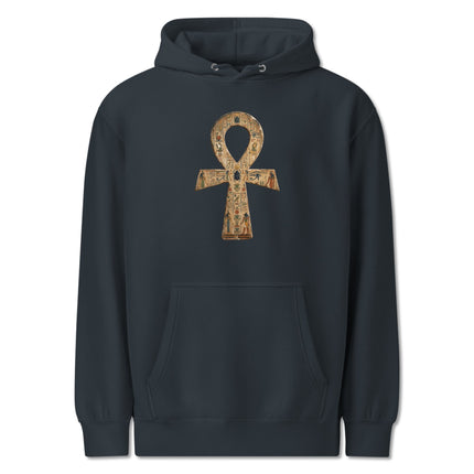 Ancient Egyptian Ankh key of life hieroglyph design pullover hoodie featuring mythological symbols.