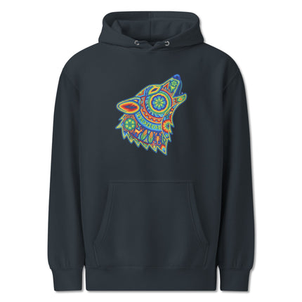 Vibrant Huichol tribal art hoodie featuring a howling wolf design from Mexican folk culture.