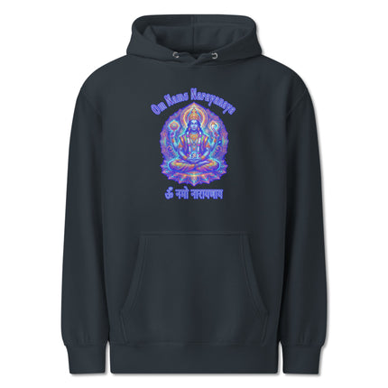 Psychedelic Om Namah Narayanaya Vishnu mantra print on a comfortable Hindu spiritual pullover hoodie.