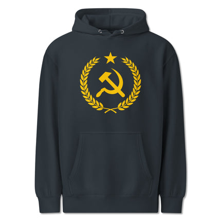 Gold communist hoodie featuring hammer and sickle symbol within a laurel wreath design.