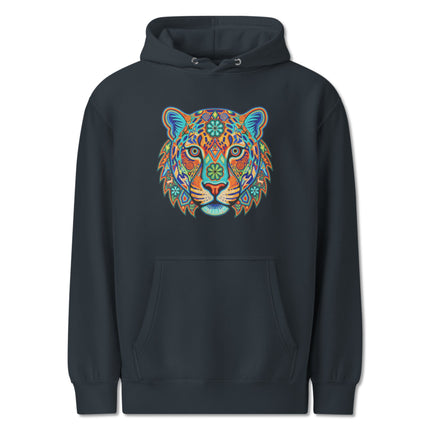 Colorful Huichol jaguar print hoodie featuring vibrant Mexican folk art animal designs.