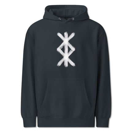 Norse Viking protection bind rune symbol graphic on a black pullover hoodie.