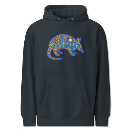 Tribal Huichol armadillo pullover with colorful Mexican folk art sun and cactus design.