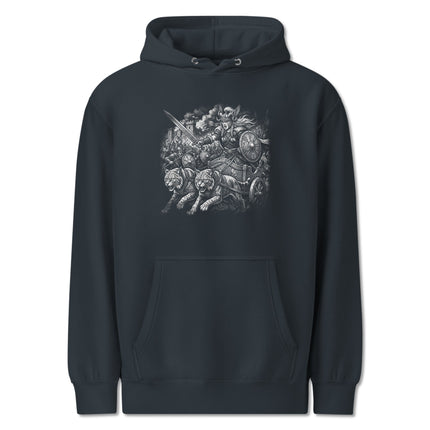 Norse Goddess Freya chariot hoodie featuring Viking mythology cat warrior print design.
