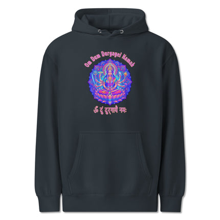 Vibrant Durga Goddess hoodie featuring the Om Dum Durgayei Namah Hindu mantra print pullover.