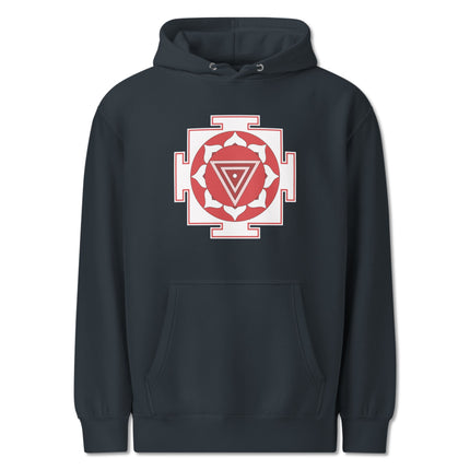 Sacred geometry Kali Yantra symbol printed on a spiritual pullover hoodie.