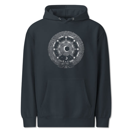Celtic Mythology Lunar Chart Hoodie featuring Arianrhod's silver wheel celestial print pullover.