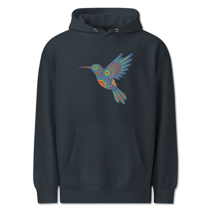 Colorful Huichol hummingbird graphic pullover hoodie featuring vibrant indigenous art design.