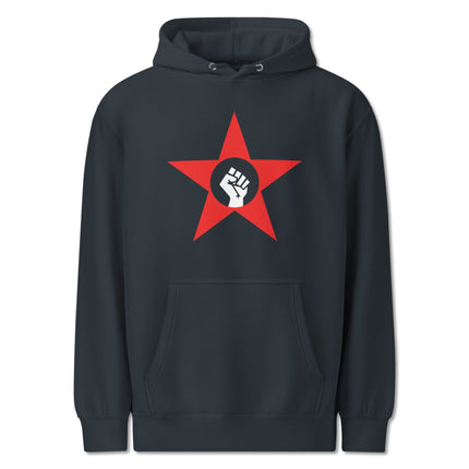 Socialist fist and red star graphic printed on a pullover protest hoodie.