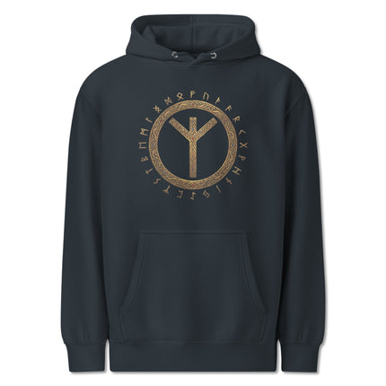 Viking rune circle hoodie featuring the Algiz rune and Elder Futhark Norse protective symbols.