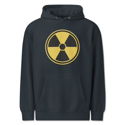 Black hoodie featuring a radioactive symbol and nuclear hazard warning design print.