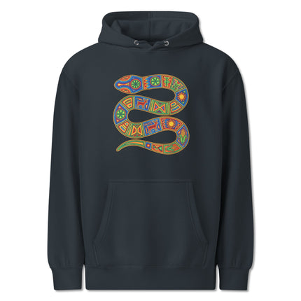 Vibrant Huichol Naaye Snake design printed on an indigenous Mexican folk art pullover hoodie.