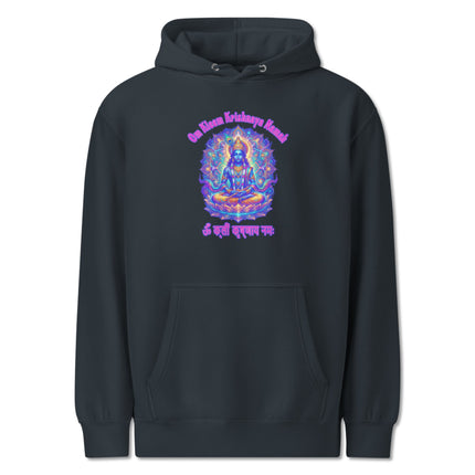 Colorful spiritual hoodie featuring Om Kleem Krishnaya Namah Krishna mantra art print.