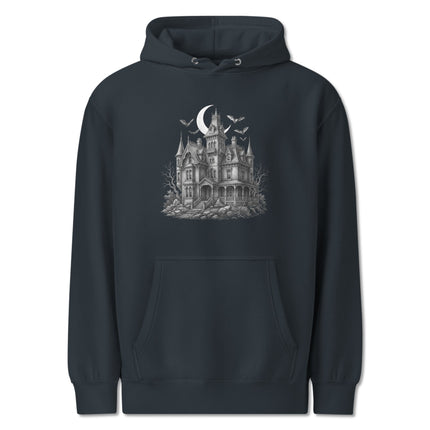 Gothic haunted mansion hoodie with spooky bats and full moon graphic print.