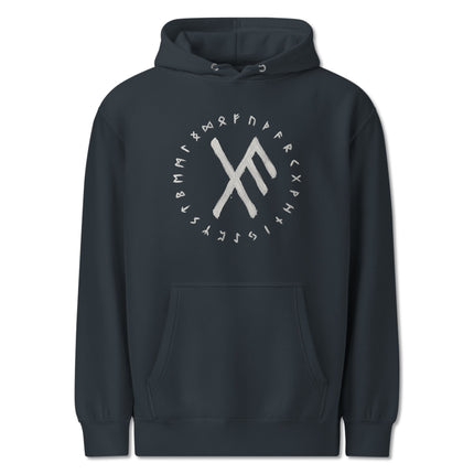 Luck Bind rune design on a unisex Norse Viking Elder Futhark pullover hoodie.
