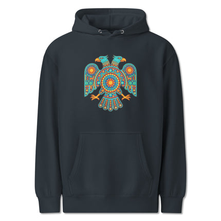 Vibrant Huichol two-headed eagle design on a comfortable Mexican folk art pullover hoodie.