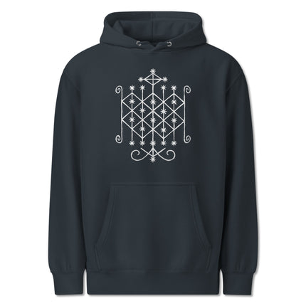 Sacred geometry Ogoun Veve hoodie with boho symmetrical print design.