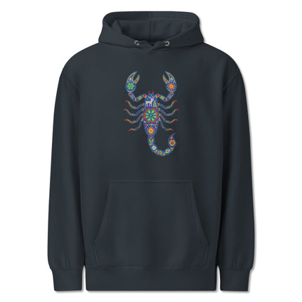 Huichol scorpion folk art design printed on a vibrant Mexican pullover hoodie.