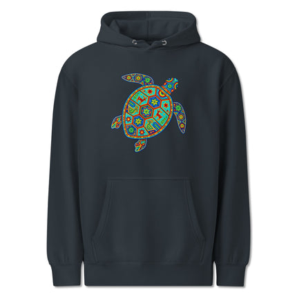 Tribal Huichol sea turtle graphic hoodie pullover fleece with vibrant colors.