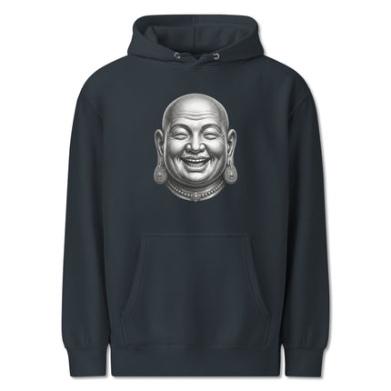 Laughing Buddha Hotei graphic on a comfortable Zen pullover hoodie design.