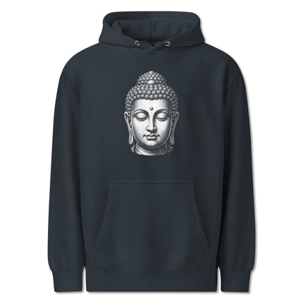 Spiritual Buddha head meditation hoodie featuring a serene zen graphic print on cozy fleece pullover.