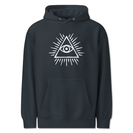 Eye of Providence all-seeing eye and pyramid graphic on a black pullover hoodie.
