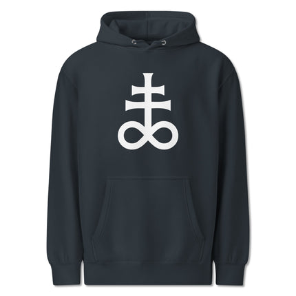 Black hoodie featuring Leviathan Cross and alchemical sulfur symbol graphic print.