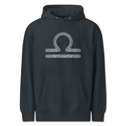 Intricate Libra zodiac symbol hoodie featuring detailed astrology scales design on a pullover.