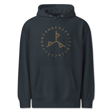 Black Norse runes hoodie featuring circular Futhark symbols and Viking power bind design.