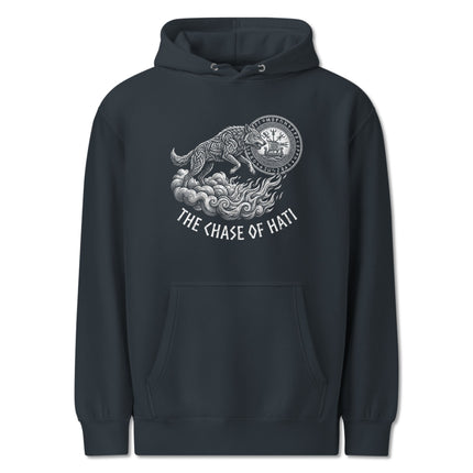 Norse Mythology hoodie featuring the Hati wolf chase tattoo graphic design.