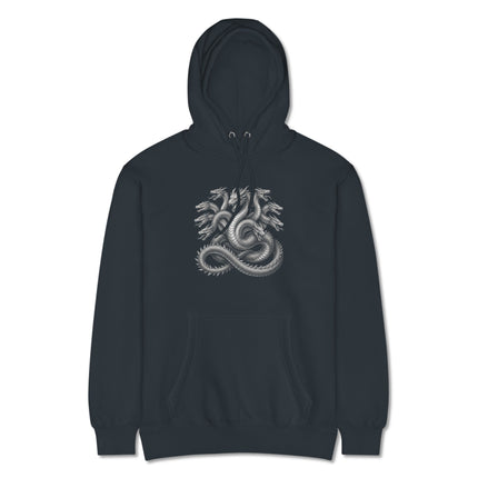 Multi-headed Hydra serpent Greek mythology dragon graphic print on unisex pullover hoodie.