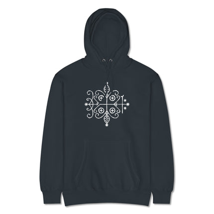 Papa Legba Veve sacred geometry art print on a hoodie, featuring traditional Haitian Vodou symbols.