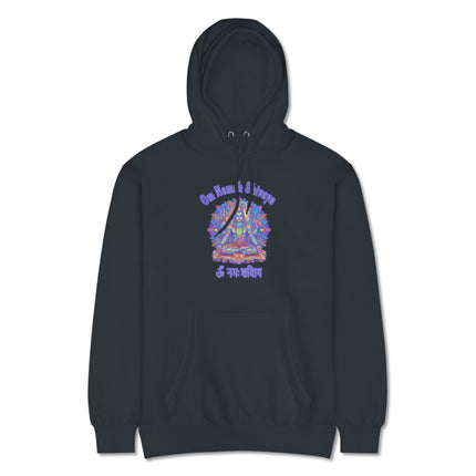 Om Namah Shivaya mantra spiritual graphic on a comfortable Shiva meditation hoodie pullover.