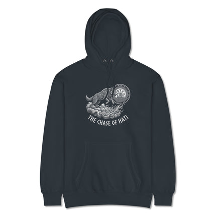 Norse mythology hoodie featuring the Chase of Hati mythical beast tattoo graphic design.