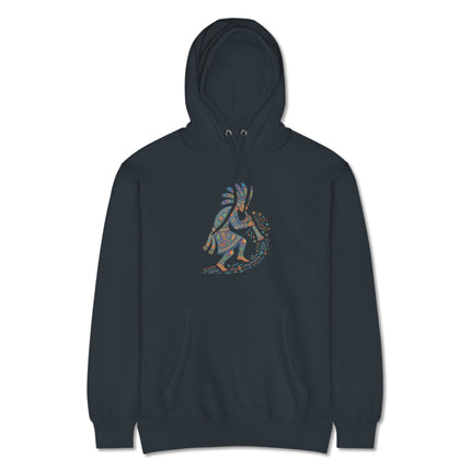 Colorful Kokopelli flute player art printed on a Southwest Native American pullover hoodie.
