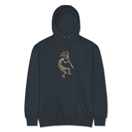 Kokopelli Flute Player graphic on a southwestern tribal symbol hoodie featuring native american art.