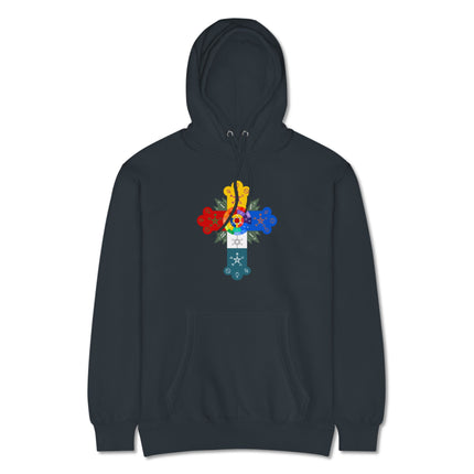 Sacred geometry graphic on a hoodie featuring Rosy Cross occult art design.