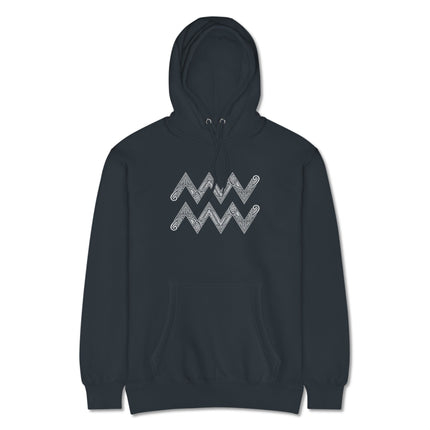 Aquarius zodiac symbol hoodie featuring an intricate tribal astrology pattern pullover design.
